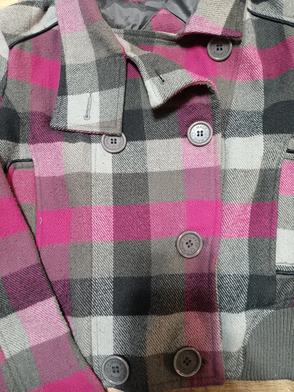 Girls Plaid Knit Button-Front Jacket - Pink & Gray C. Magic SZ M